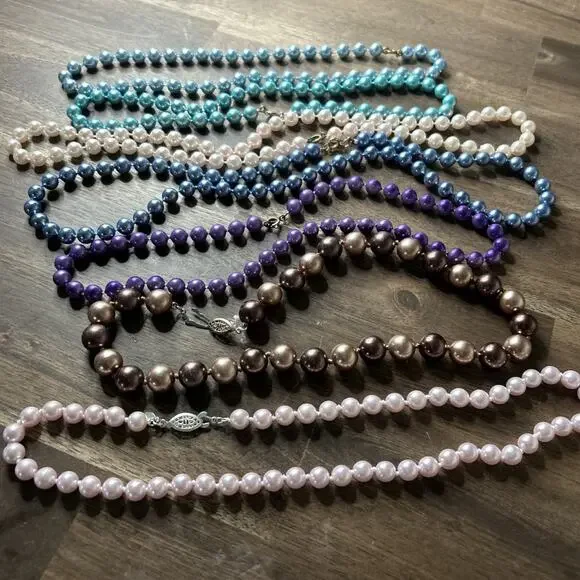 Pearl (faux?) Necklace Lot Of 7 Some Double Knotted Marked RMN (2) Pink Purple - Picture 1 of 5